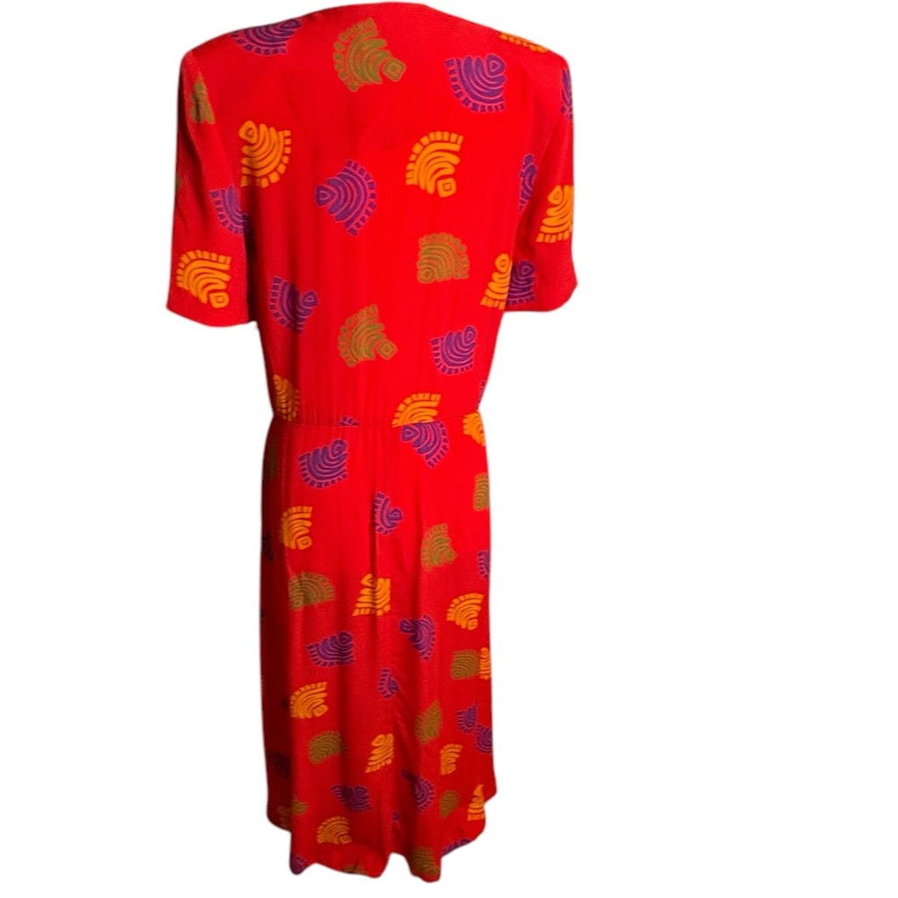 Bichon Red Midi 1/2 Button Up A Line Print Dress sz 6 - Picture 5 of 9
